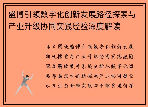 盛博引领数字化创新发展路径探索与产业升级协同实践经验深度解读